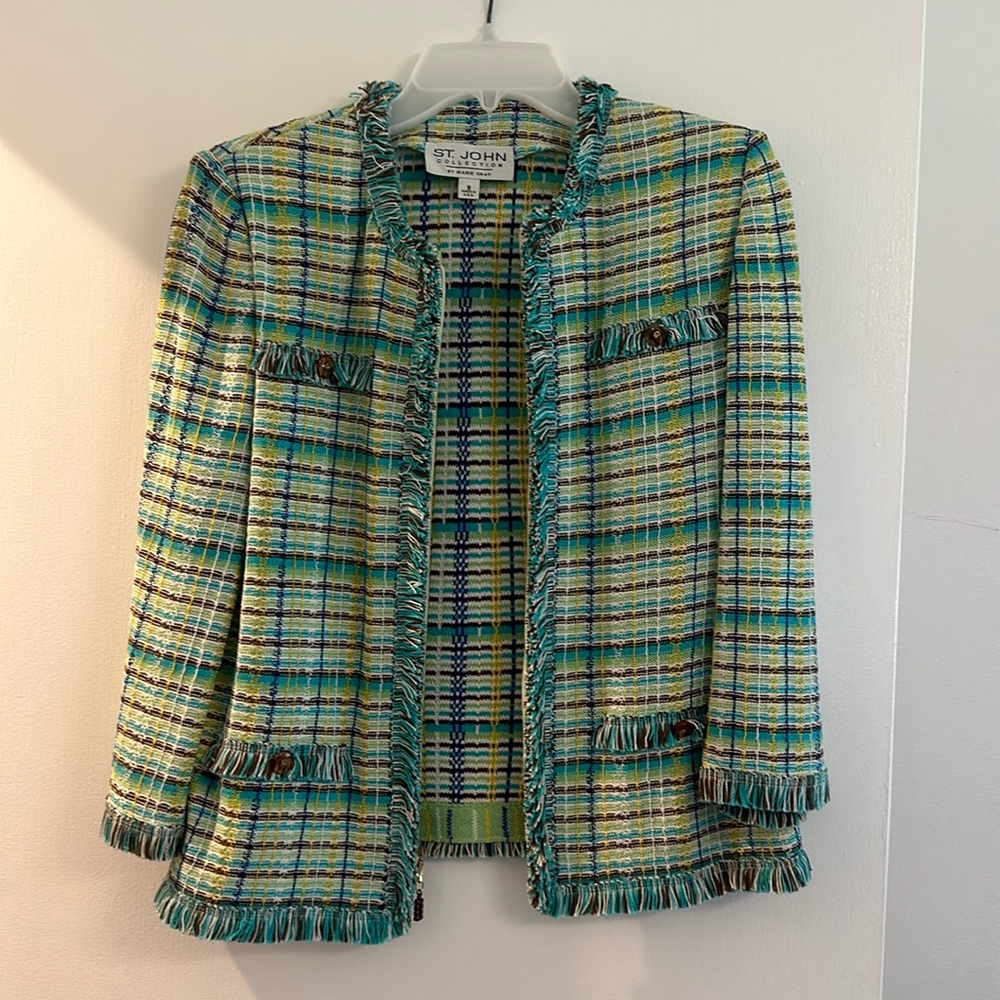 St John knit jacket - aqua multicolor with brown and gold accents. Size 8.